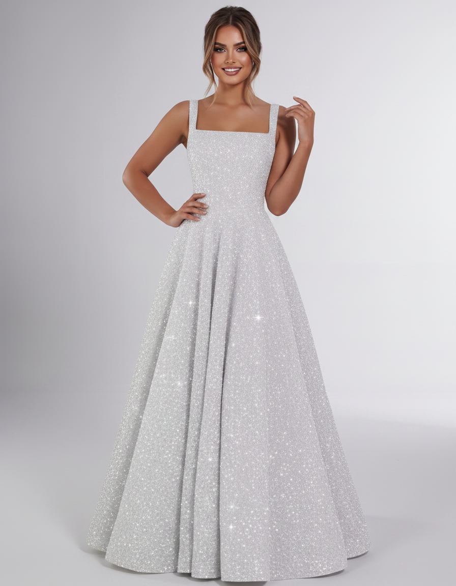 Silver Sequin Sleeveless Square Neck A-Line Maxi Dress | Ramblion | SKU: CMD-847362915408731-SILVER-L,CMD-847362915408731-SILVER-M,CMD-847362915408731-SILVER-S,CMD-847362915408731-SILVER-XL,CMD-847362915408731-SILVER-XS