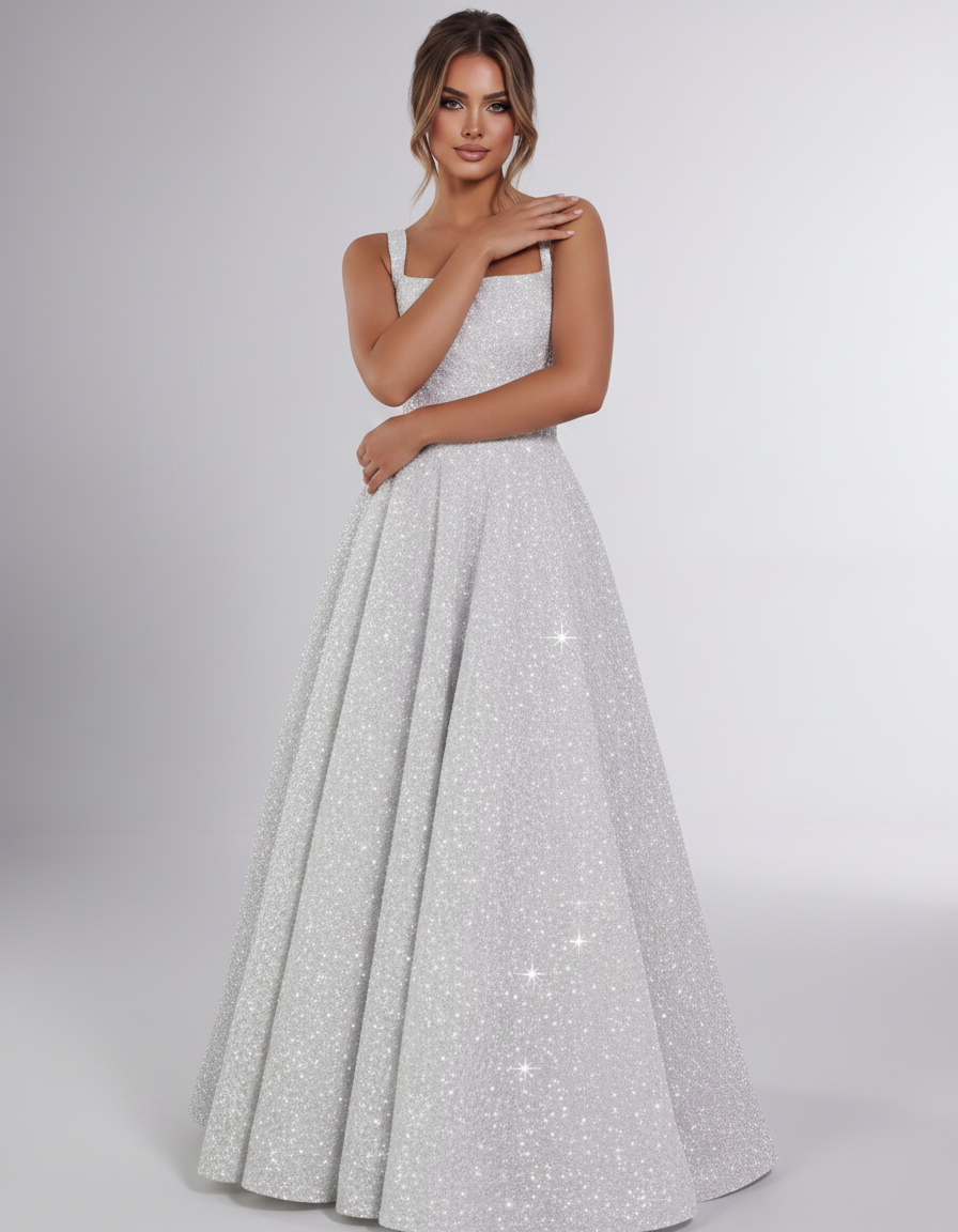 Silver Sequin Sleeveless Square Neck A-Line Maxi Dress | Ramblion | SKU: CMD-847362915408731-SILVER-L,CMD-847362915408731-SILVER-M,CMD-847362915408731-SILVER-S,CMD-847362915408731-SILVER-XL,CMD-847362915408731-SILVER-XS