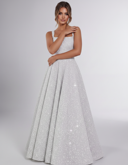 Silver Sequin Sleeveless Square Neck A-Line Maxi Dress | Ramblion | SKU: CMD-847362915408731-SILVER-L,CMD-847362915408731-SILVER-M,CMD-847362915408731-SILVER-S,CMD-847362915408731-SILVER-XL,CMD-847362915408731-SILVER-XS