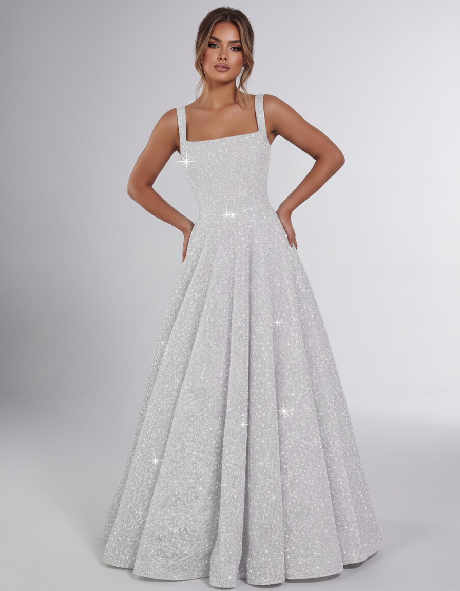 Silver Sequin Sleeveless Square Neck A-Line Maxi Dress | Ramblion | SKU: CMD-847362915408731-SILVER-L,CMD-847362915408731-SILVER-M,CMD-847362915408731-SILVER-S,CMD-847362915408731-SILVER-XL,CMD-847362915408731-SILVER-XS