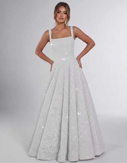 Silver Sequin Sleeveless Square Neck A-Line Maxi Dress | Ramblion | SKU: CMD-847362915408731-SILVER-L,CMD-847362915408731-SILVER-M,CMD-847362915408731-SILVER-S,CMD-847362915408731-SILVER-XL,CMD-847362915408731-SILVER-XS