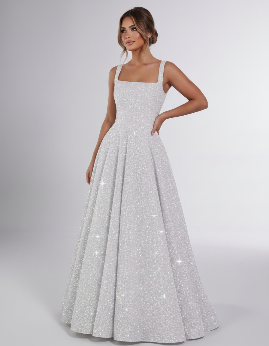 Silver Sequin Sleeveless Square Neck A-Line Maxi Dress | Ramblion | SKU: CMD-847362915408731-SILVER-L,CMD-847362915408731-SILVER-M,CMD-847362915408731-SILVER-S,CMD-847362915408731-SILVER-XL,CMD-847362915408731-SILVER-XS