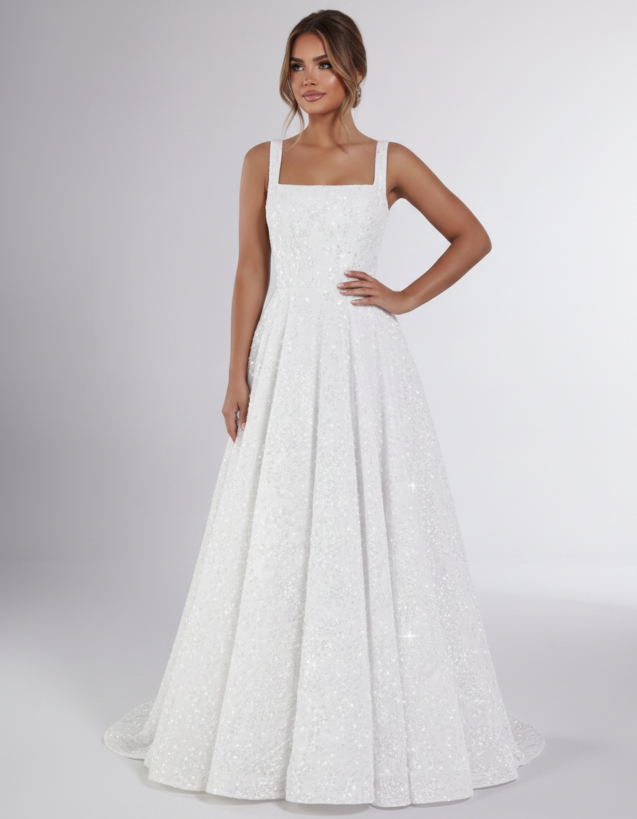 White Sequin Sleeveless Square Neck A-Line Maxi Dress | Ramblion | SKU: CMD-847362915408731-WHITE-L,CMD-847362915408731-WHITE-M,CMD-847362915408731-WHITE-S,CMD-847362915408731-WHITE-XL,CMD-847362915408731-WHITE-XS