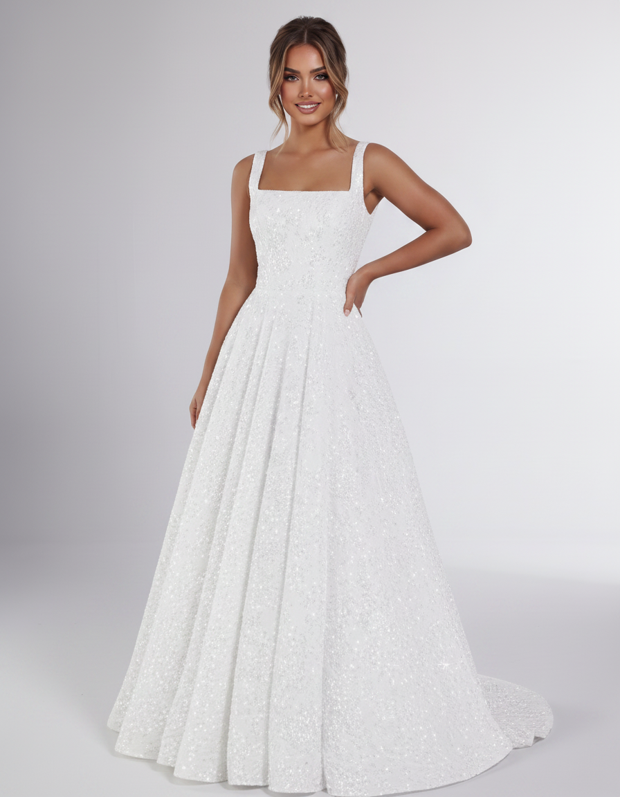 White Sequin Sleeveless Square Neck A-Line Maxi Dress | Ramblion | SKU: CMD-847362915408731-WHITE-L,CMD-847362915408731-WHITE-M,CMD-847362915408731-WHITE-S,CMD-847362915408731-WHITE-XL,CMD-847362915408731-WHITE-XS