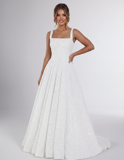 White Sequin Sleeveless Square Neck A-Line Maxi Dress | Ramblion | SKU: CMD-847362915408731-WHITE-L,CMD-847362915408731-WHITE-M,CMD-847362915408731-WHITE-S,CMD-847362915408731-WHITE-XL,CMD-847362915408731-WHITE-XS