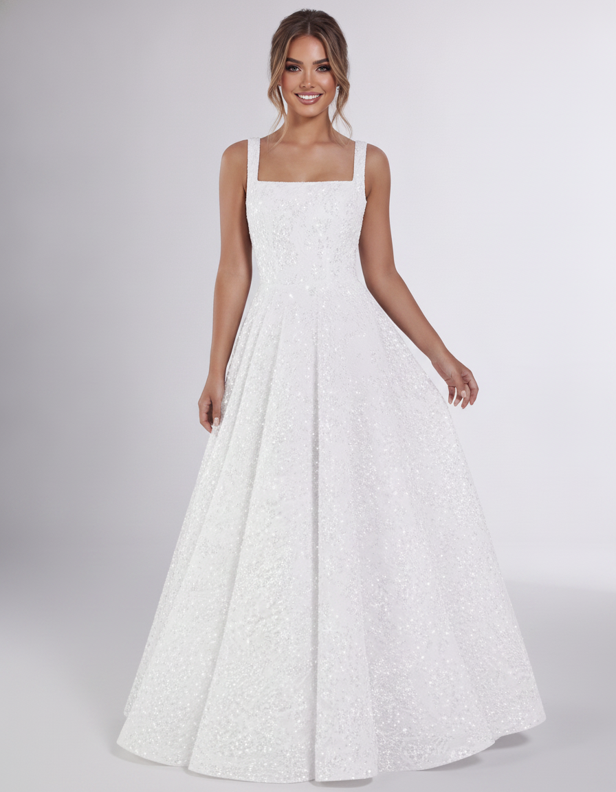 White Sequin Sleeveless Square Neck A-Line Maxi Dress | Ramblion | SKU: CMD-847362915408731-WHITE-L,CMD-847362915408731-WHITE-M,CMD-847362915408731-WHITE-S,CMD-847362915408731-WHITE-XL,CMD-847362915408731-WHITE-XS