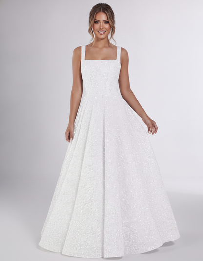 White Sequin Sleeveless Square Neck A-Line Maxi Dress | Ramblion | SKU: CMD-847362915408731-WHITE-L,CMD-847362915408731-WHITE-M,CMD-847362915408731-WHITE-S,CMD-847362915408731-WHITE-XL,CMD-847362915408731-WHITE-XS