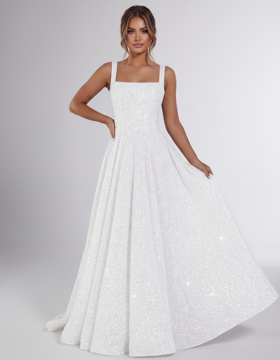 White Sequin Sleeveless Square Neck A-Line Maxi Dress | Ramblion | SKU: CMD-847362915408731-WHITE-L,CMD-847362915408731-WHITE-M,CMD-847362915408731-WHITE-S,CMD-847362915408731-WHITE-XL,CMD-847362915408731-WHITE-XS