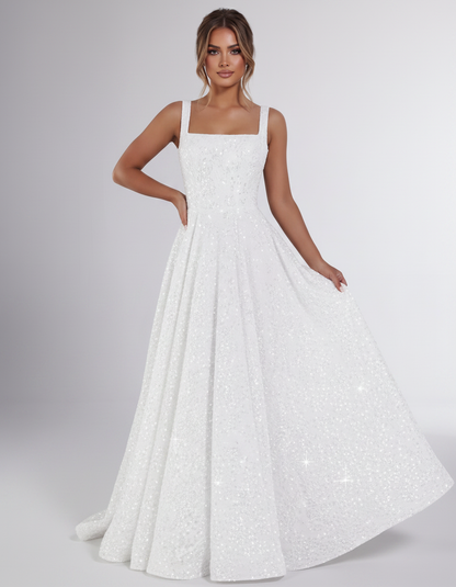 White Sequin Sleeveless Square Neck A-Line Maxi Dress | Ramblion | SKU: CMD-847362915408731-WHITE-L,CMD-847362915408731-WHITE-M,CMD-847362915408731-WHITE-S,CMD-847362915408731-WHITE-XL,CMD-847362915408731-WHITE-XS