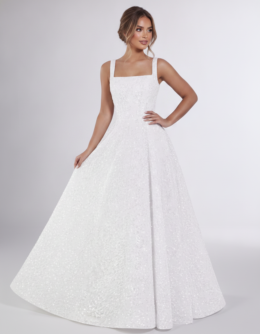 White Sequin Sleeveless Square Neck A-Line Maxi Dress | Ramblion | SKU: CMD-847362915408731-WHITE-L,CMD-847362915408731-WHITE-M,CMD-847362915408731-WHITE-S,CMD-847362915408731-WHITE-XL,CMD-847362915408731-WHITE-XS