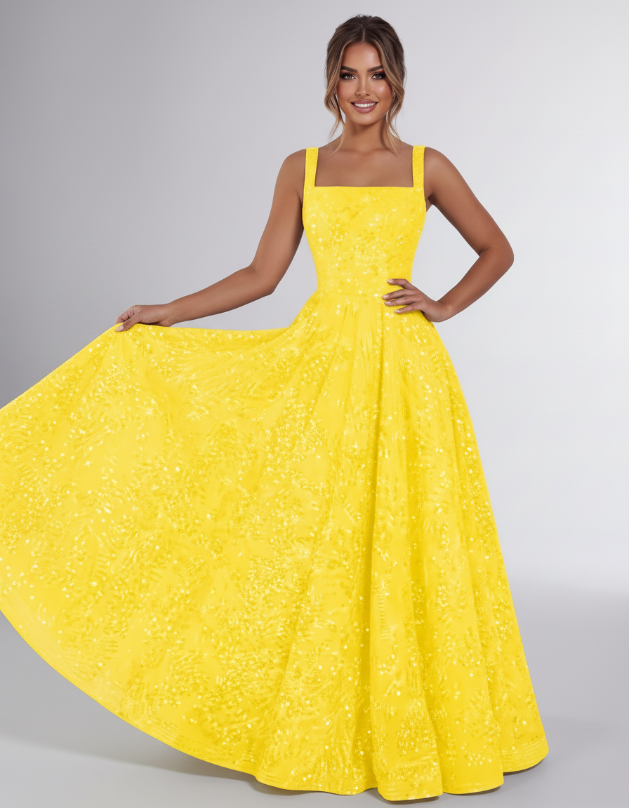 Yellow Sequin Sleeveless Square Neck A-Line Maxi Dress | Ramblion | SKU: CMD-847362915408731-YELLOW-L,CMD-847362915408731-YELLOW-M,CMD-847362915408731-YELLOW-S,CMD-847362915408731-YELLOW-XL,CMD-847362915408731-YELLOW-XS