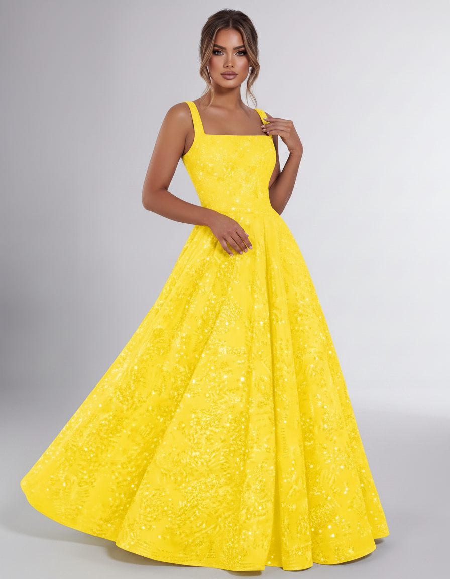 Yellow Sequin Sleeveless Square Neck A-Line Maxi Dress | Ramblion | SKU: CMD-847362915408731-YELLOW-L,CMD-847362915408731-YELLOW-M,CMD-847362915408731-YELLOW-S,CMD-847362915408731-YELLOW-XL,CMD-847362915408731-YELLOW-XS