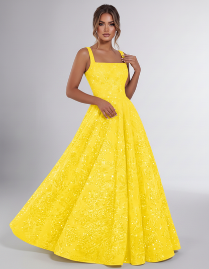 Yellow Sequin Sleeveless Square Neck A-Line Maxi Dress | Ramblion | SKU: CMD-847362915408731-YELLOW-L,CMD-847362915408731-YELLOW-M,CMD-847362915408731-YELLOW-S,CMD-847362915408731-YELLOW-XL,CMD-847362915408731-YELLOW-XS