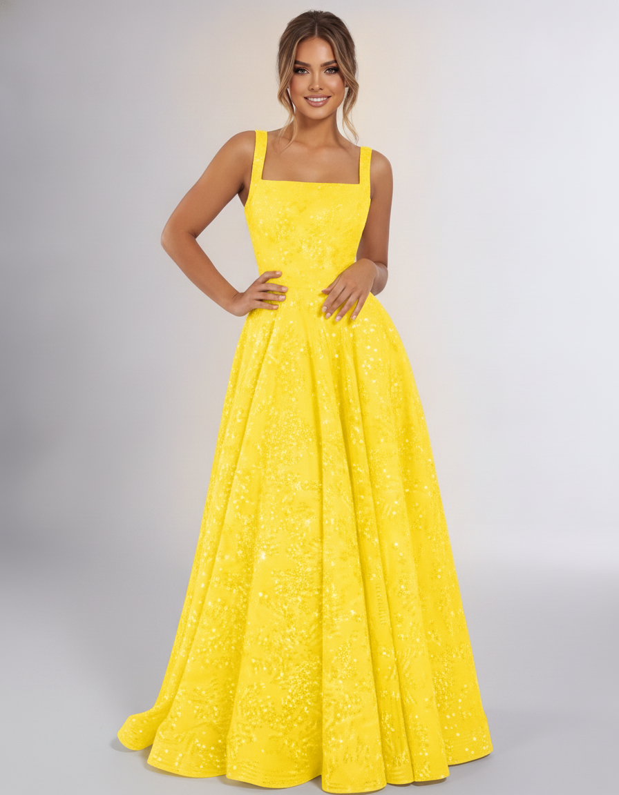 Yellow Sequin Sleeveless Square Neck A-Line Maxi Dress | Ramblion | SKU: CMD-847362915408731-YELLOW-L,CMD-847362915408731-YELLOW-M,CMD-847362915408731-YELLOW-S,CMD-847362915408731-YELLOW-XL,CMD-847362915408731-YELLOW-XS