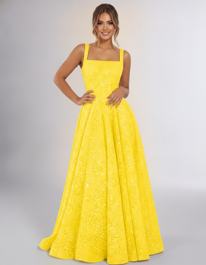 Yellow Sequin Sleeveless Square Neck A-Line Maxi Dress | Ramblion | SKU: CMD-847362915408731-YELLOW-L,CMD-847362915408731-YELLOW-M,CMD-847362915408731-YELLOW-S,CMD-847362915408731-YELLOW-XL,CMD-847362915408731-YELLOW-XS