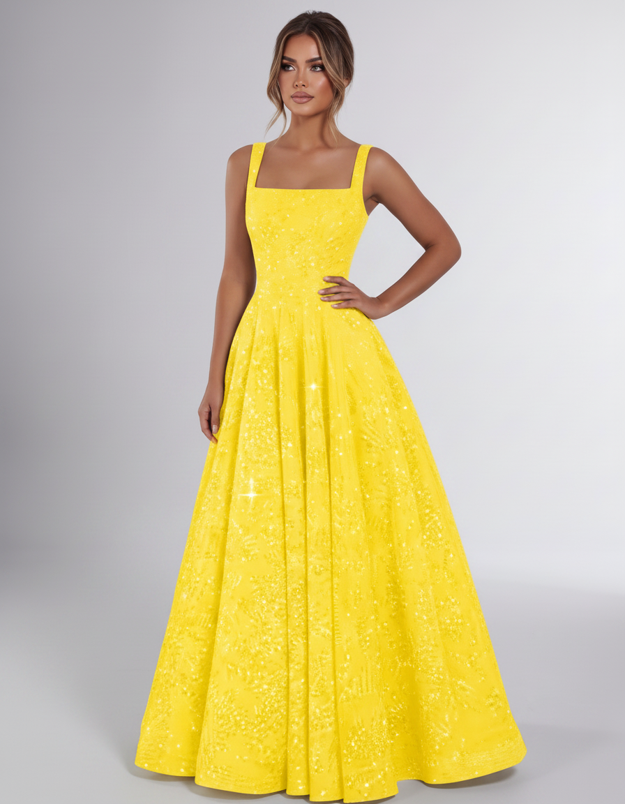 Yellow Sequin Sleeveless Square Neck A-Line Maxi Dress | Ramblion | SKU: CMD-847362915408731-YELLOW-L,CMD-847362915408731-YELLOW-M,CMD-847362915408731-YELLOW-S,CMD-847362915408731-YELLOW-XL,CMD-847362915408731-YELLOW-XS