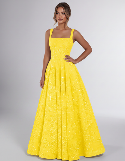 Yellow Sequin Sleeveless Square Neck A-Line Maxi Dress | Ramblion | SKU: CMD-847362915408731-YELLOW-L,CMD-847362915408731-YELLOW-M,CMD-847362915408731-YELLOW-S,CMD-847362915408731-YELLOW-XL,CMD-847362915408731-YELLOW-XS