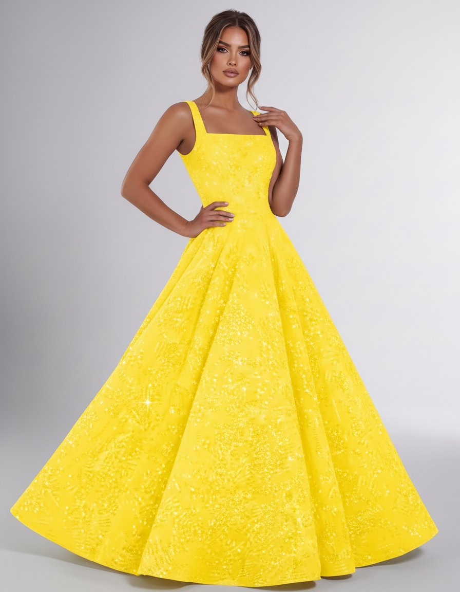 Yellow Sequin Sleeveless Square Neck A-Line Maxi Dress | Ramblion | SKU: CMD-847362915408731-YELLOW-L,CMD-847362915408731-YELLOW-M,CMD-847362915408731-YELLOW-S,CMD-847362915408731-YELLOW-XL,CMD-847362915408731-YELLOW-XS