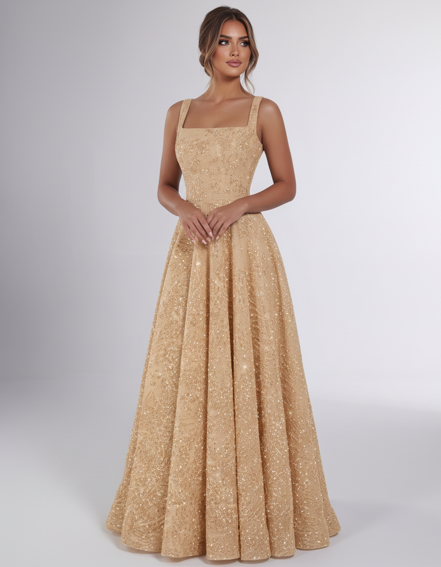 Сhampagne Sequin Sleeveless Square Neck A-Line Maxi Dress | Ramblion | SKU: CMD-847362915408731-CHAMPAGNE-L,CMD-847362915408731-CHAMPAGNE-M,CMD-847362915408731-CHAMPAGNE-S,CMD-847362915408731-CHAMPAGNE-XL,CMD-847362915408731-CHAMPAGNE-XS