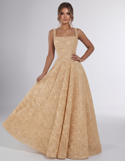 Сhampagne Sequin Sleeveless Square Neck A-Line Maxi Dress | Ramblion | SKU: CMD-847362915408731-CHAMPAGNE-L,CMD-847362915408731-CHAMPAGNE-M,CMD-847362915408731-CHAMPAGNE-S,CMD-847362915408731-CHAMPAGNE-XL,CMD-847362915408731-CHAMPAGNE-XS
