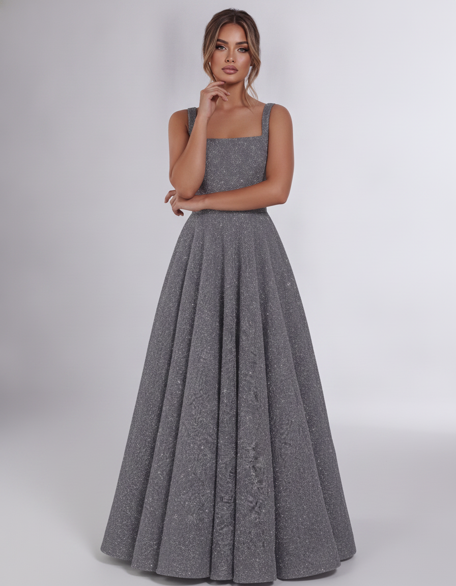 Grey Sequin Sleeveless Square Neck A-Line Maxi Dress | Ramblion | SKU: CMD-847362915408731-GREY-L,CMD-847362915408731-GREY-M,CMD-847362915408731-GREY-S,CMD-847362915408731-GREY-XL,CMD-847362915408731-GREY-XS