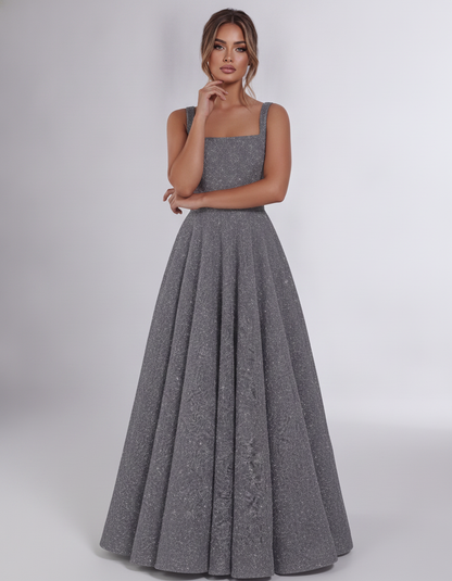 Grey Sequin Sleeveless Square Neck A-Line Maxi Dress | Ramblion | SKU: CMD-847362915408731-GREY-L,CMD-847362915408731-GREY-M,CMD-847362915408731-GREY-S,CMD-847362915408731-GREY-XL,CMD-847362915408731-GREY-XS