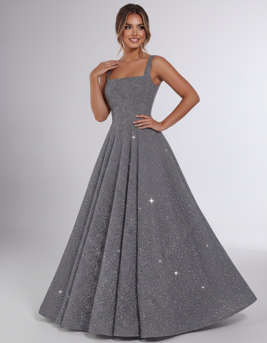 Grey Sequin Sleeveless Square Neck A-Line Maxi Dress | Ramblion | SKU: CMD-847362915408731-GREY-L,CMD-847362915408731-GREY-M,CMD-847362915408731-GREY-S,CMD-847362915408731-GREY-XL,CMD-847362915408731-GREY-XS