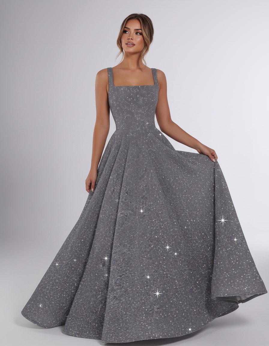 Grey Sequin Sleeveless Square Neck A-Line Maxi Dress | Ramblion | SKU: CMD-847362915408731-GREY-L,CMD-847362915408731-GREY-M,CMD-847362915408731-GREY-S,CMD-847362915408731-GREY-XL,CMD-847362915408731-GREY-XS