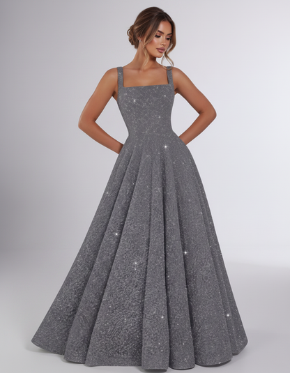 Grey Sequin Sleeveless Square Neck A-Line Maxi Dress | Ramblion | SKU: CMD-847362915408731-GREY-L,CMD-847362915408731-GREY-M,CMD-847362915408731-GREY-S,CMD-847362915408731-GREY-XL,CMD-847362915408731-GREY-XS