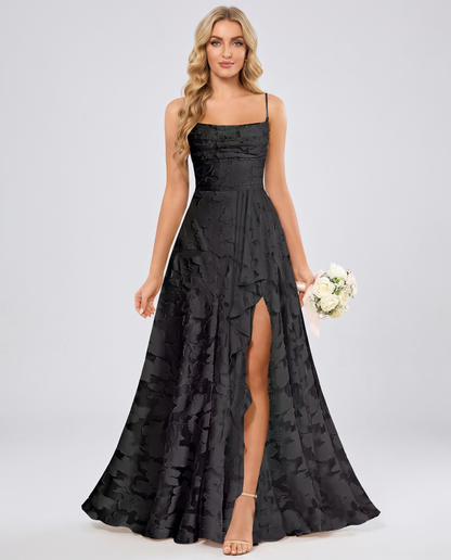 Black Floral Jacquard Chiffon Sleeveless Square Neck A-Line Maxi Dress | Ramblion