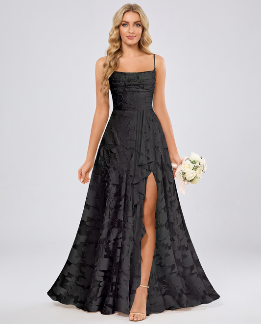 Black Floral Jacquard Chiffon Sleeveless Square Neck A-Line Maxi Dress | Ramblion