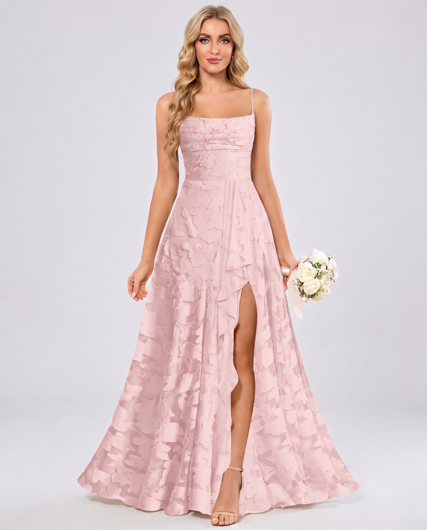 Blush Floral Jacquard Chiffon Sleeveless Square Neck A-Line Maxi Dress | Ramblion