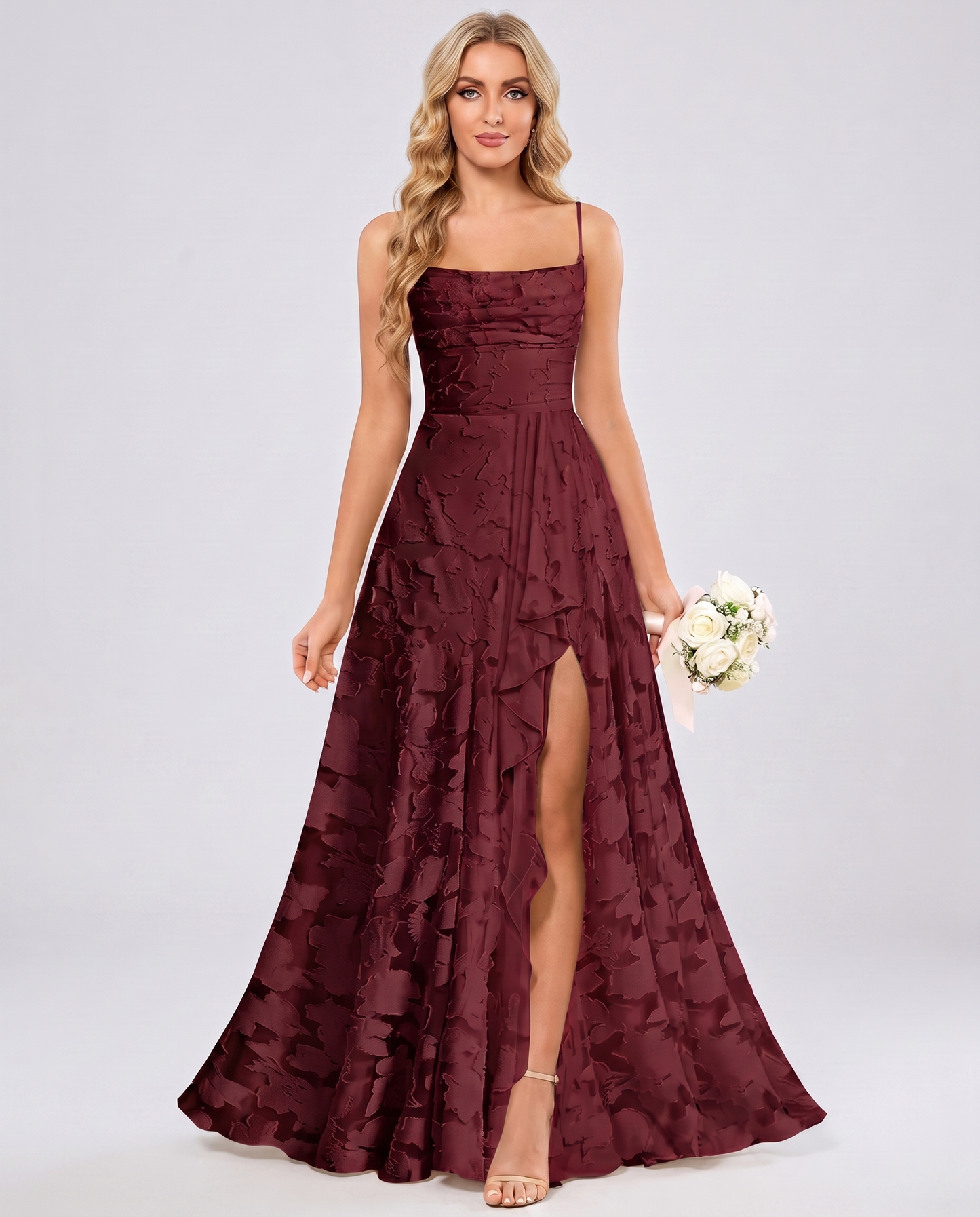 Burgundy Floral Jacquard Chiffon Sleeveless Square Neck A-Line Maxi Dress | Ramblion