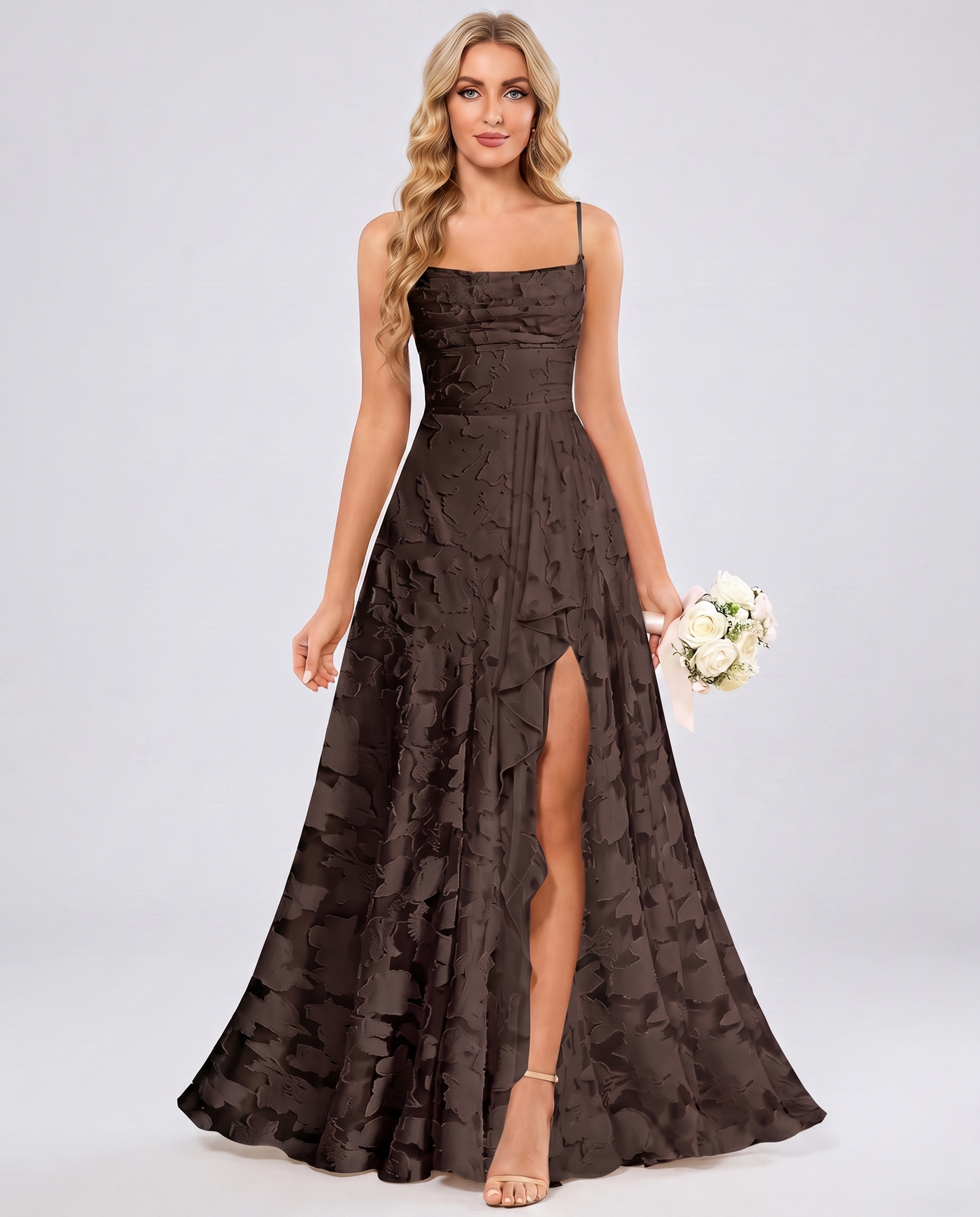 Brown Floral Jacquard Chiffon Sleeveless Square Neck A-Line Maxi Dress | Ramblion