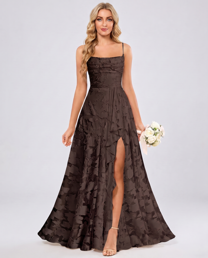 Brown Floral Jacquard Chiffon Sleeveless Square Neck A-Line Maxi Dress | Ramblion