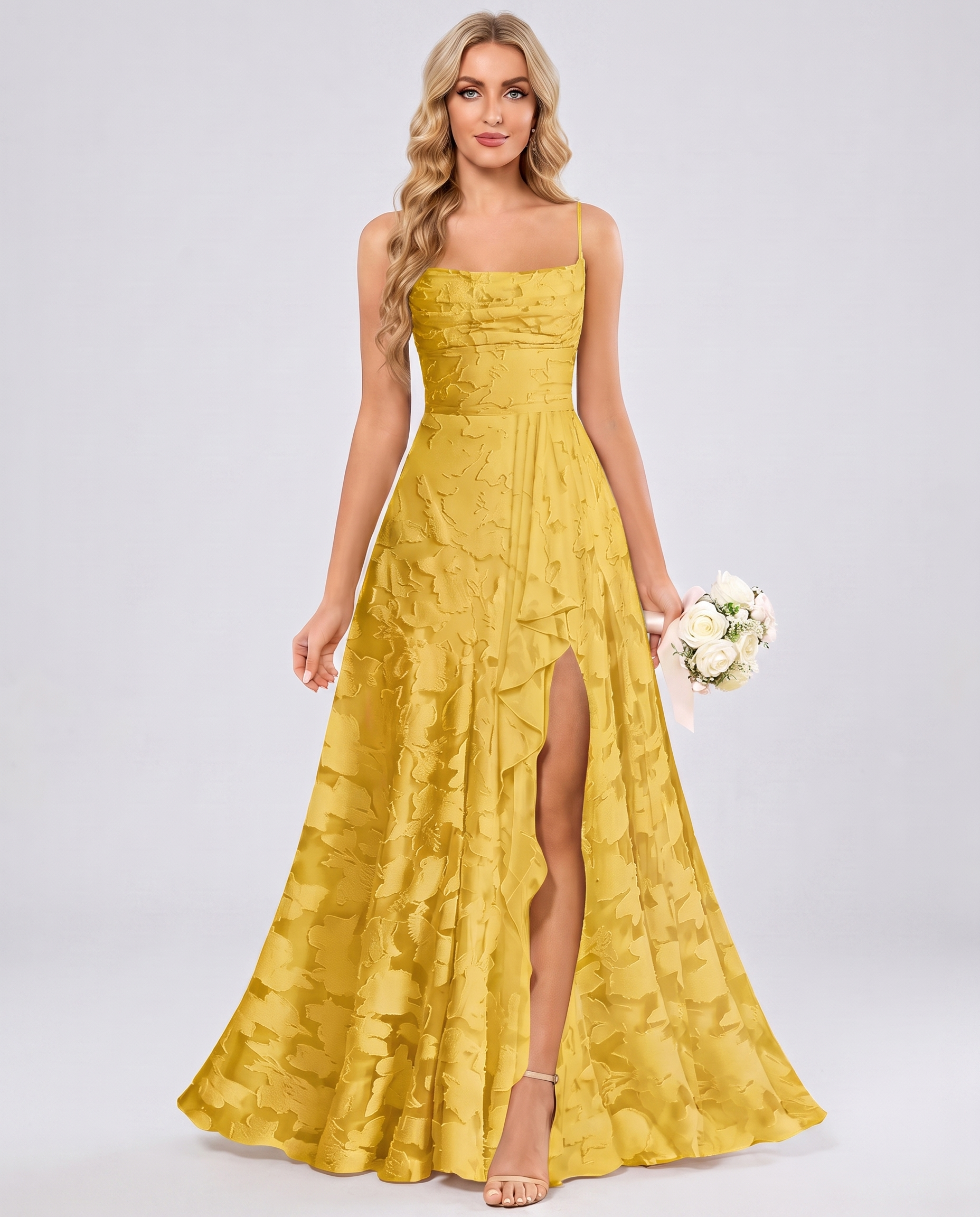 Gold Floral Jacquard Chiffon Sleeveless Square Neck A-Line Maxi Dress | Ramblion
