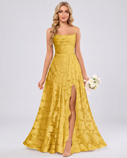 Gold Floral Jacquard Chiffon Sleeveless Square Neck A-Line Maxi Dress | Ramblion