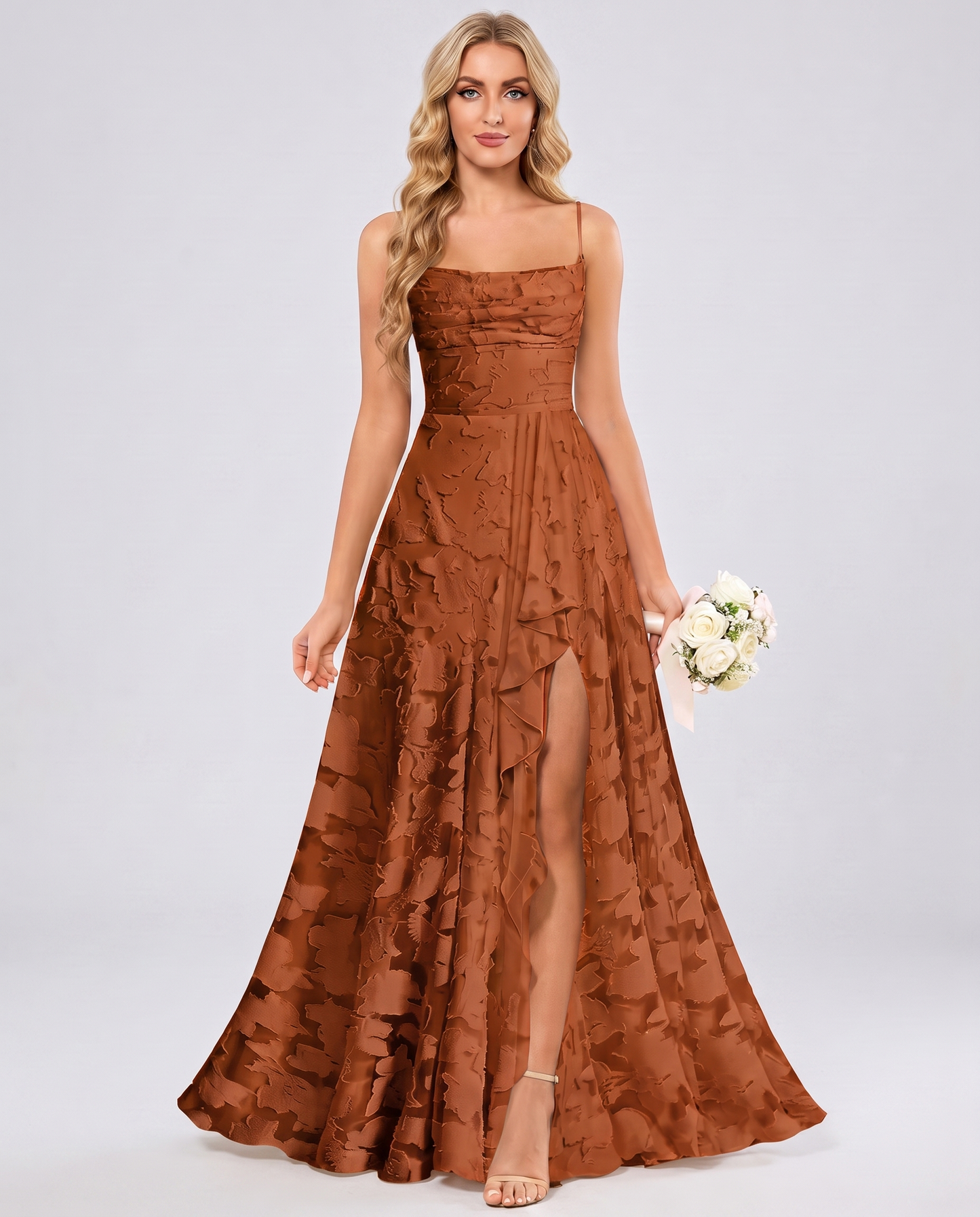 Burnt orange Floral Jacquard Chiffon Sleeveless Square Neck A-Line Maxi Dress | Ramblion