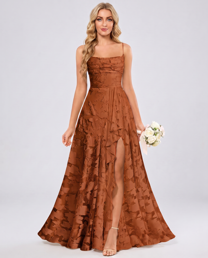 Burnt orange Floral Jacquard Chiffon Sleeveless Square Neck A-Line Maxi Dress | Ramblion