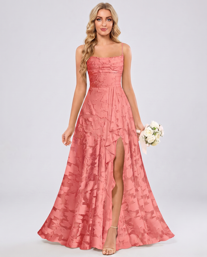 Coral Floral Jacquard Chiffon Sleeveless Square Neck A-Line Maxi Dress | Ramblion