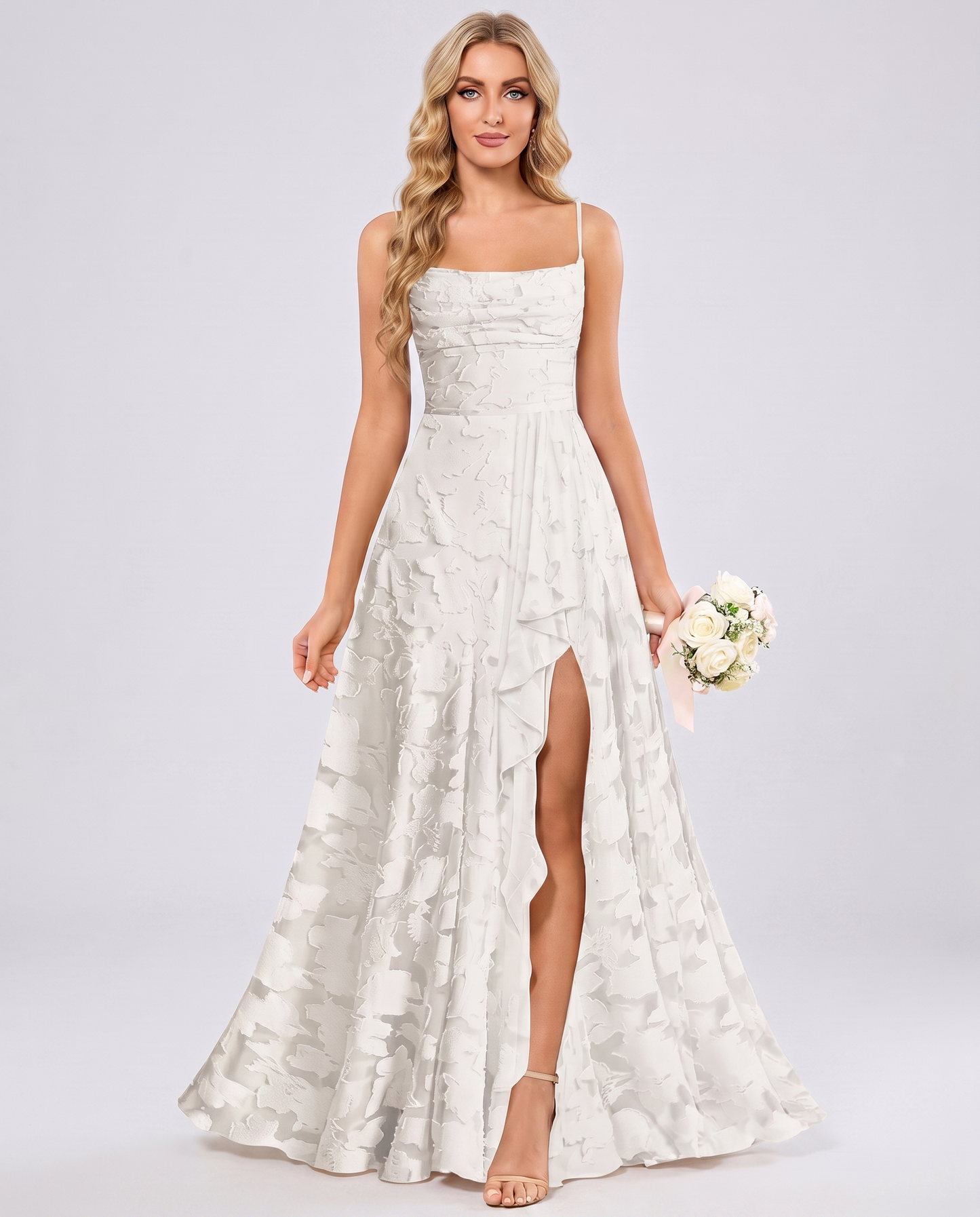 Ivory Floral Jacquard Chiffon Sleeveless Square Neck A-Line Maxi Dress | Ramblion