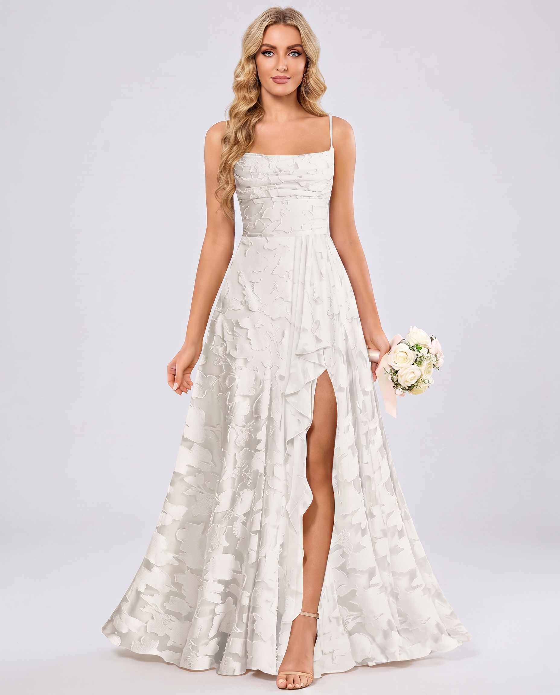 Ivory Floral Jacquard Chiffon Sleeveless Square Neck A-Line Maxi Dress | Ramblion