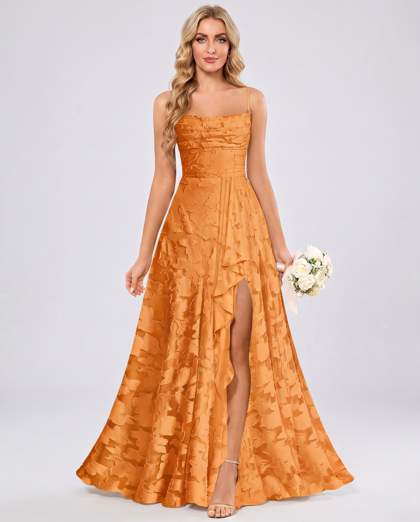 Orange Floral Jacquard Chiffon Sleeveless Square Neck A-Line Maxi Dress | Ramblion