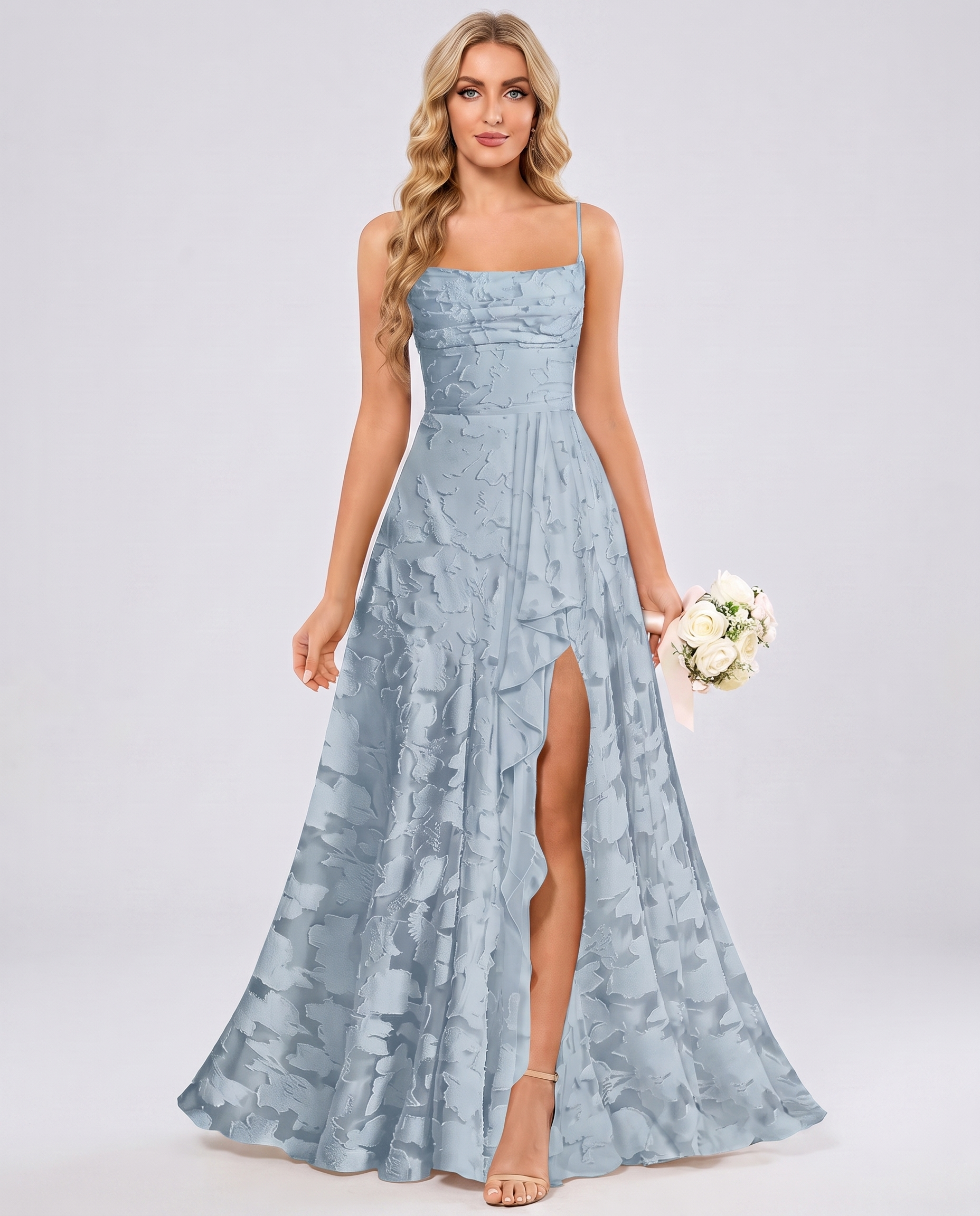 Dusty blue Floral Jacquard Chiffon Sleeveless Square Neck A-Line Maxi Dress | Ramblion