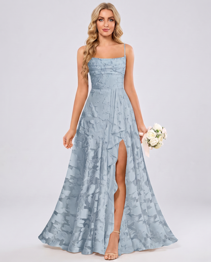 Dusty blue Floral Jacquard Chiffon Sleeveless Square Neck A-Line Maxi Dress | Ramblion