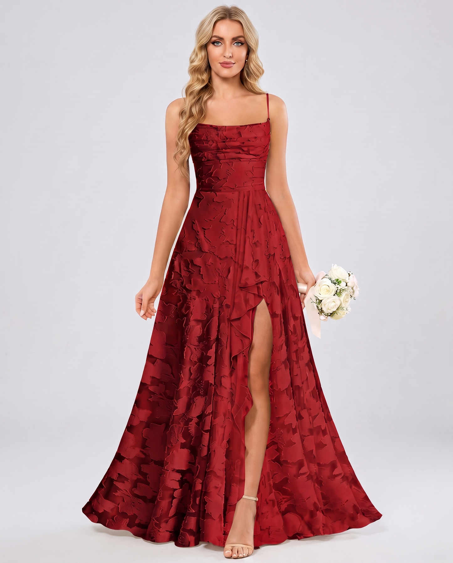 Red Floral Jacquard Chiffon Sleeveless Square Neck A-Line Maxi Dress | Ramblion
