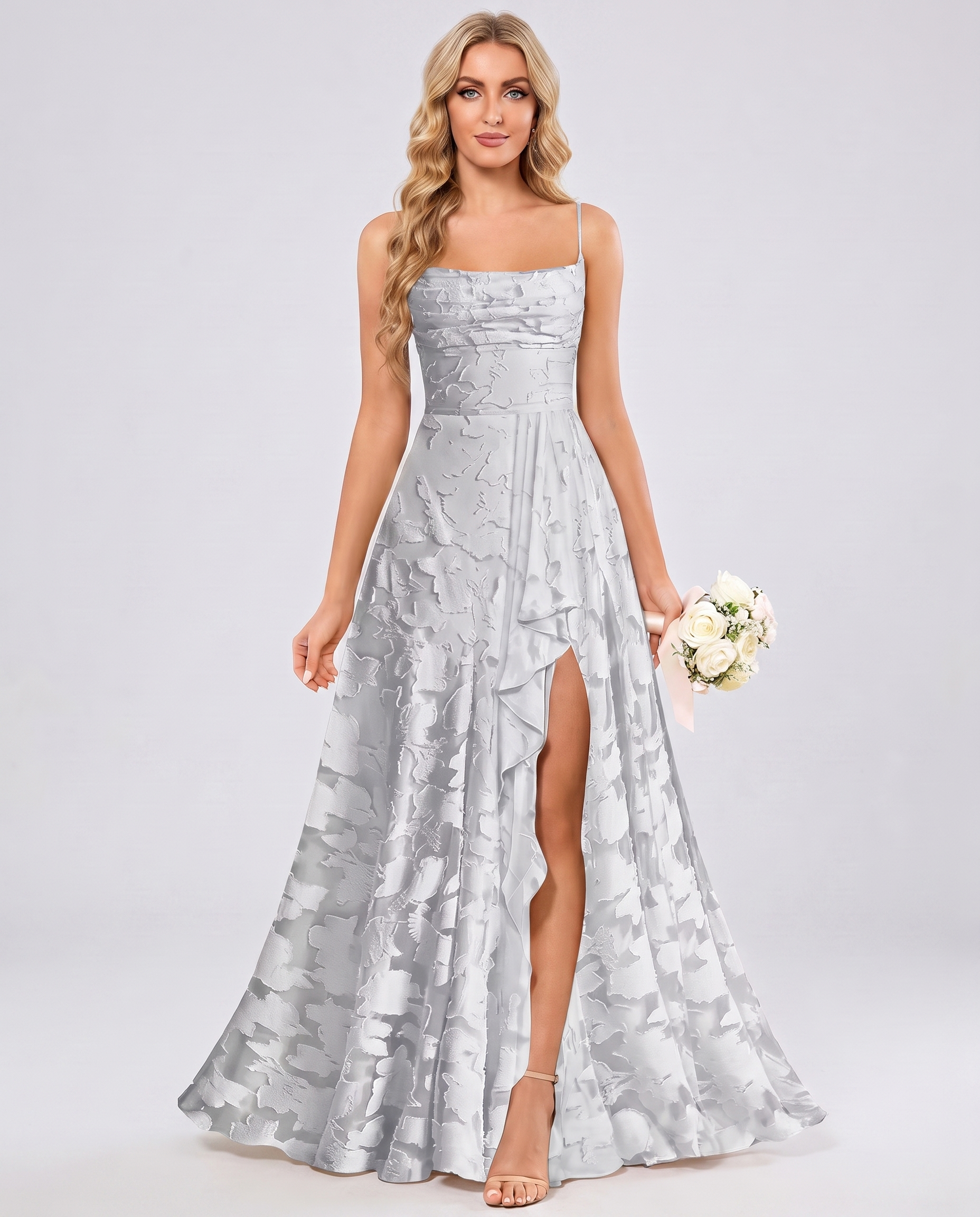 Silver Floral Jacquard Chiffon Sleeveless Square Neck A-Line Maxi Dress | Ramblion