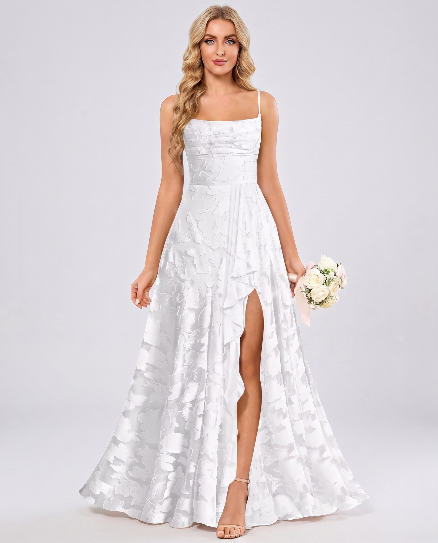 White Floral Jacquard Chiffon Sleeveless Square Neck A-Line Maxi Dress | Ramblion