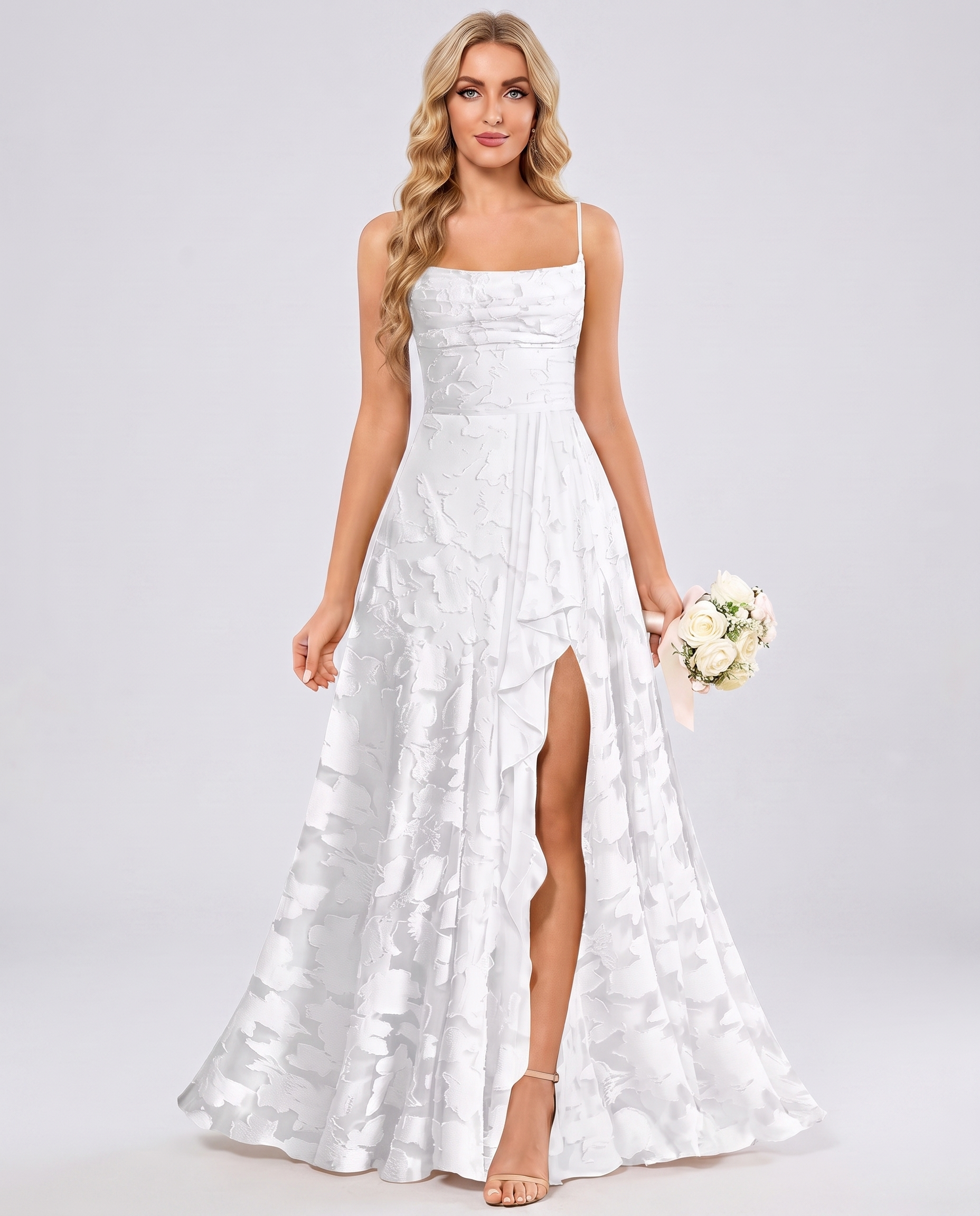 White Floral Jacquard Chiffon Sleeveless Square Neck A-Line Maxi Dress | Ramblion