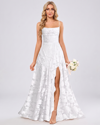 White Floral Jacquard Chiffon Sleeveless Square Neck A-Line Maxi Dress | Ramblion